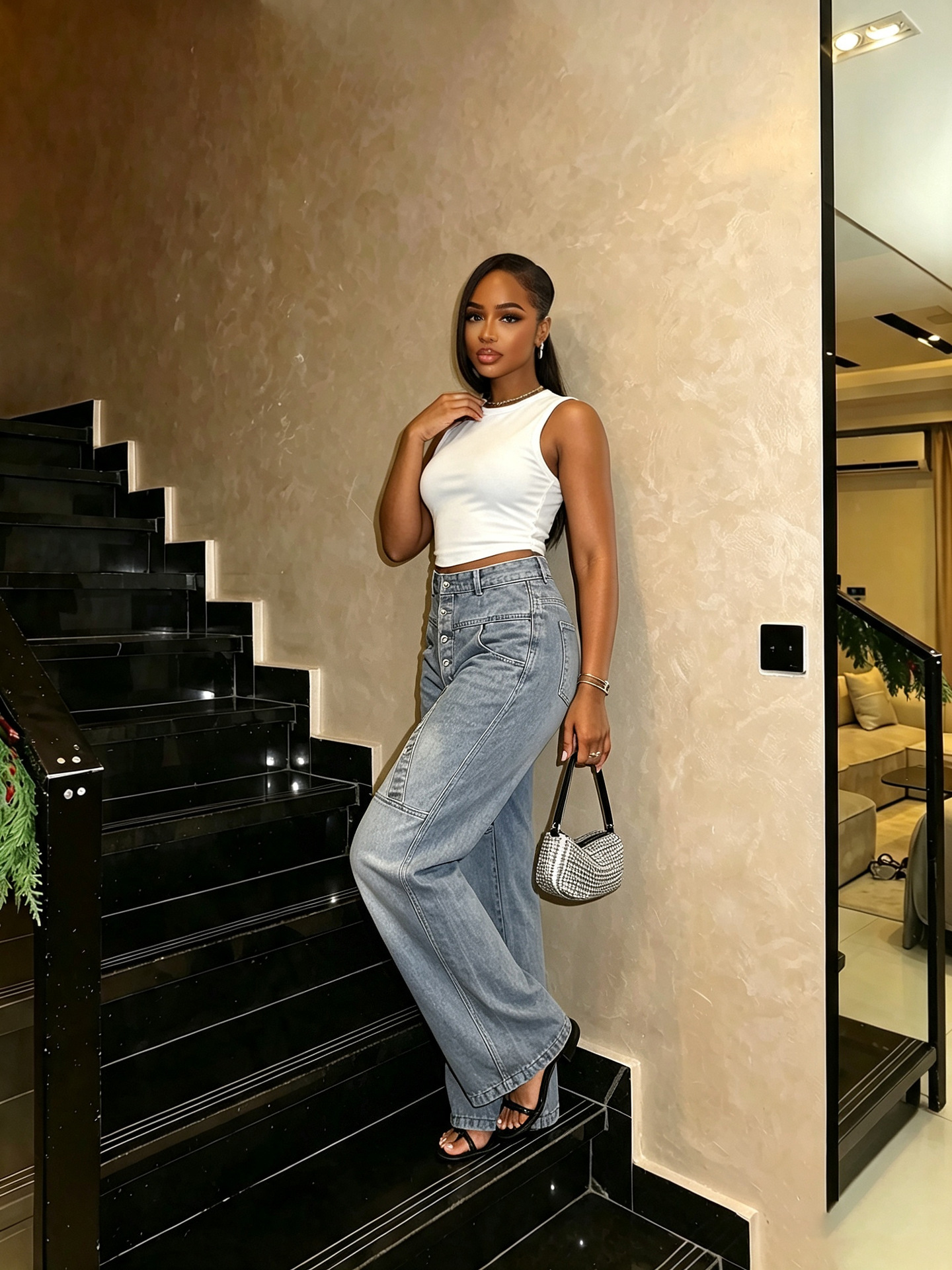 Washed Slim-Fit Wide-Leg Denim Pants