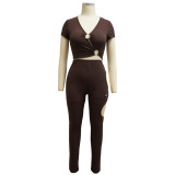 Women V‑Neck Short Sleeve Top & Cut‑Out Pants Two‑Piece Set