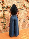 Women's Casual Drawstring Elastic-Waist Pleated Wide-Leg Washed Denim Pants