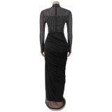 Women Beaded High‑Neck Mesh Long Sleeve Ruched Bodycon Dress