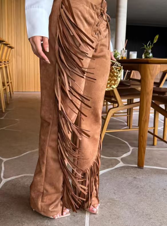 Tassel High-Waisted Slim-Fit Bell-Bottom Suede Pants for Fall
