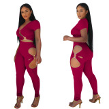 Women V‑Neck Short Sleeve Top & Cut‑Out Pants Two‑Piece Set