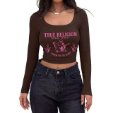 Women's Casual Ribbed Slim-Fit Cropped Long-Sleeve Square-Neck T-Shirt