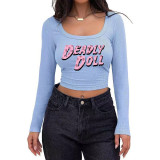 Women's Casual Ribbed Slim-Fit Cropped Long-Sleeve Square-Neck T-Shirt