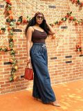 Women's Casual Drawstring Elastic-Waist Pleated Wide-Leg Washed Denim Pants