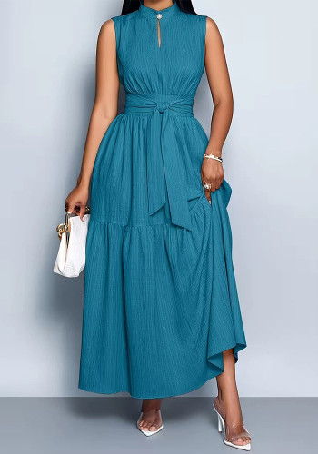 Women's Solid Textured Sleeveless Stand-Collar Pearl Buttons Slim-Waist Lace-Up Maxi Dress