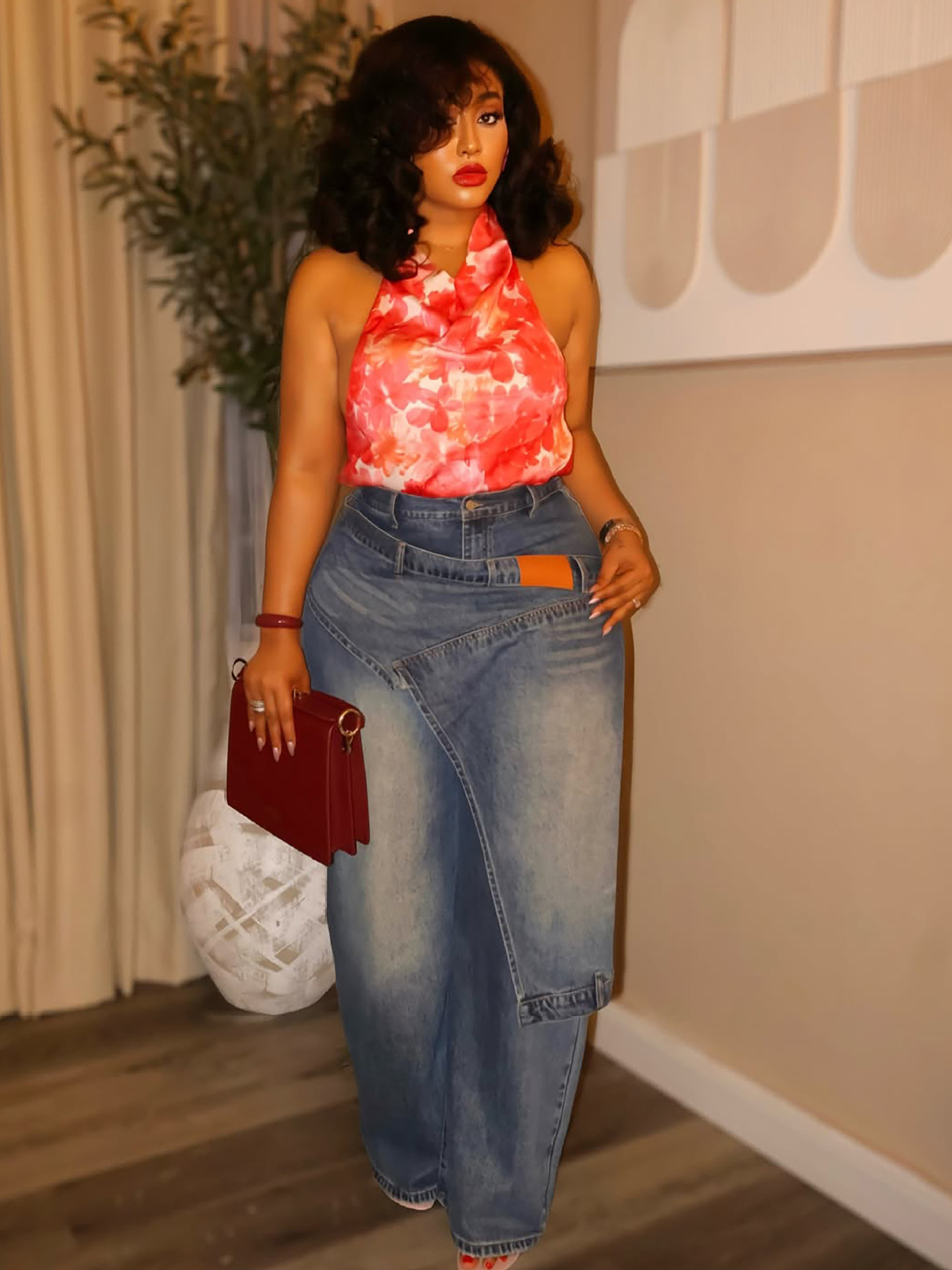 Asymmetrical Deconstructed Patchwork PU-Washed Denim Pants