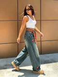 Women's Streetwear Applique Embroidered Star and Sword Denim Pants