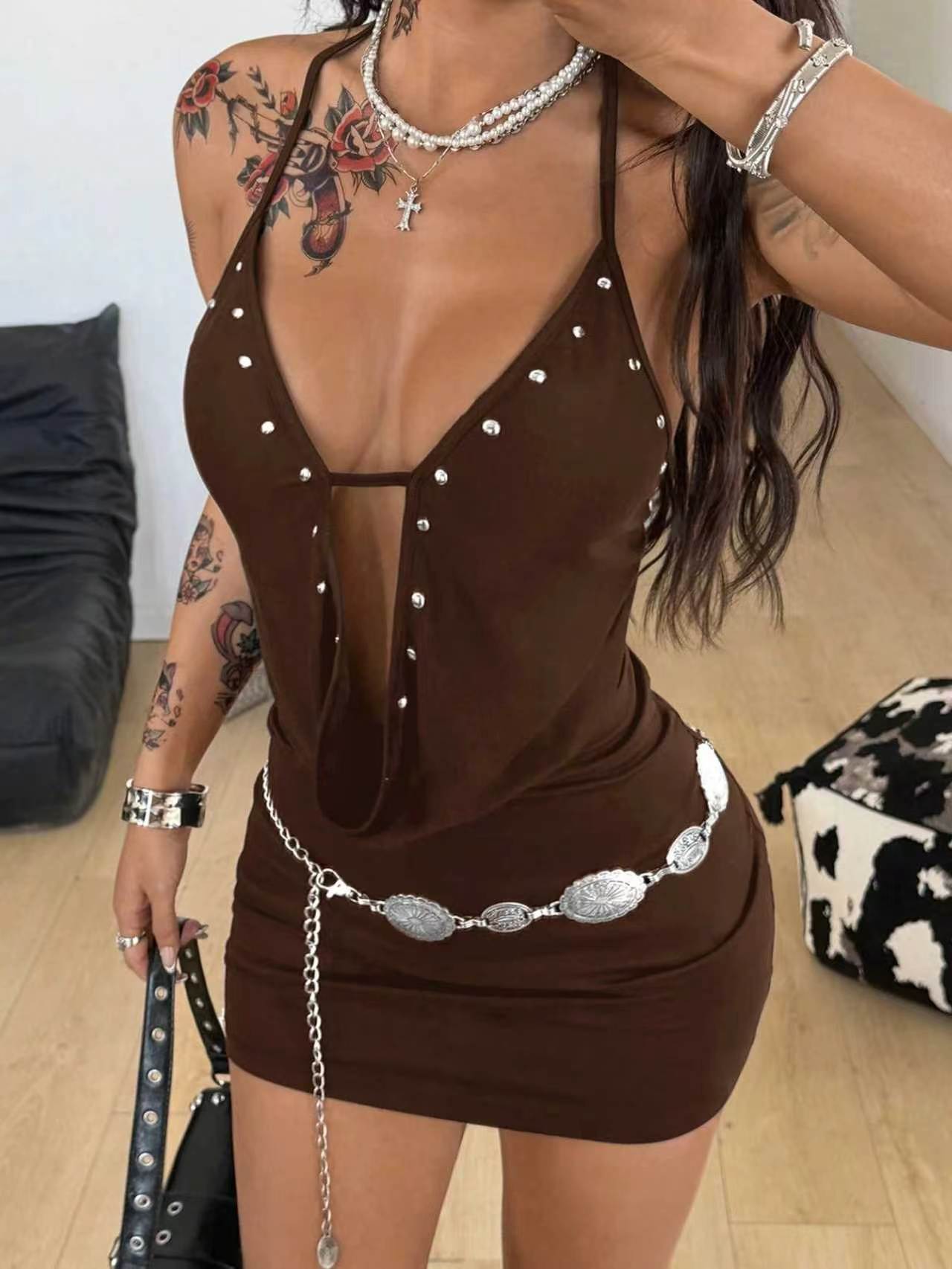 Rivet Embellished Mini Dress for Clubwear