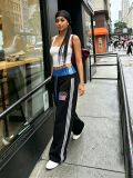 Women's Fashionable Drawstring Double-Waist Color-Block Patchwork Letter-Embroidered Sweatpants
