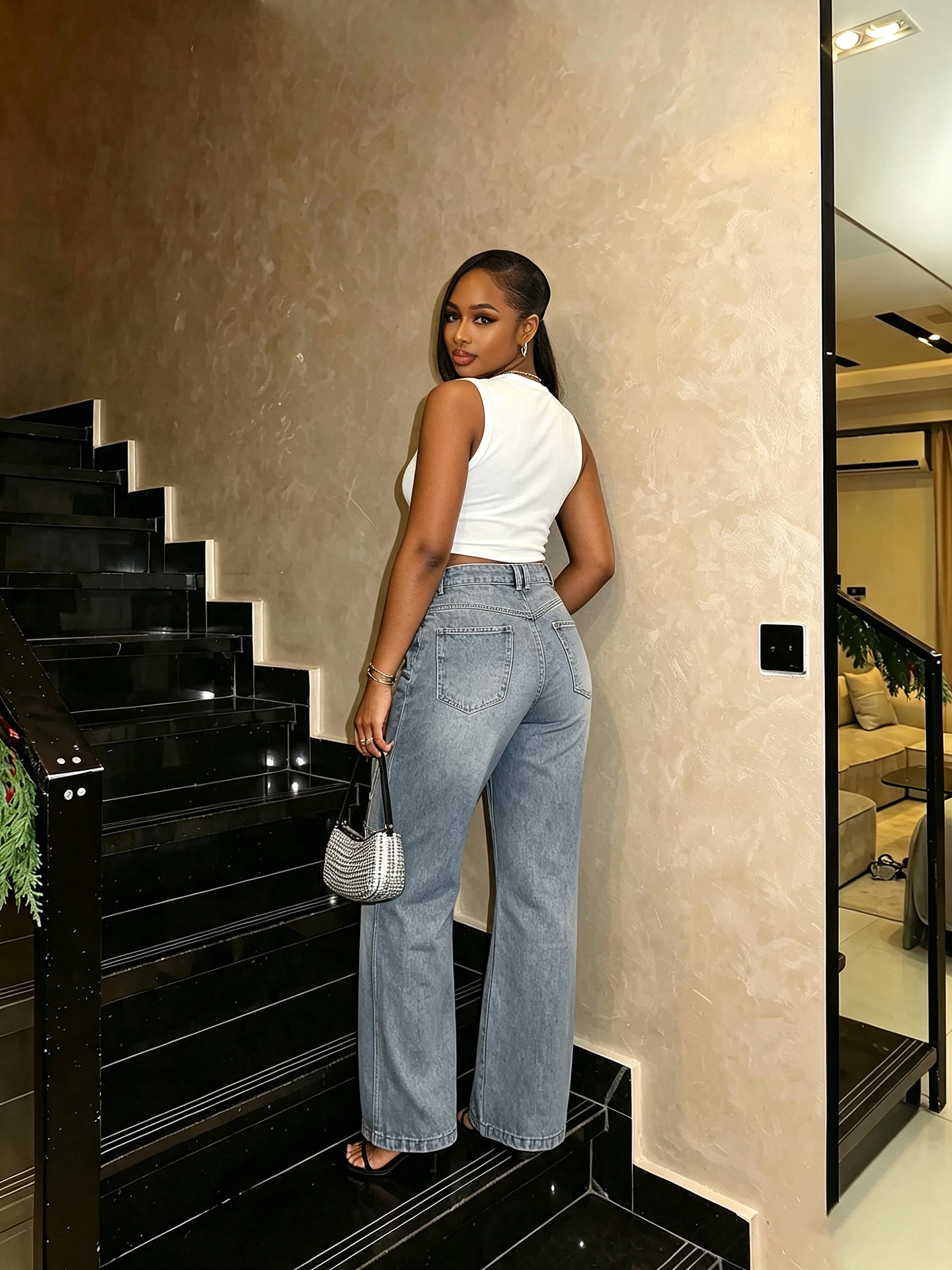 Washed Slim-Fit Wide-Leg Denim Pants