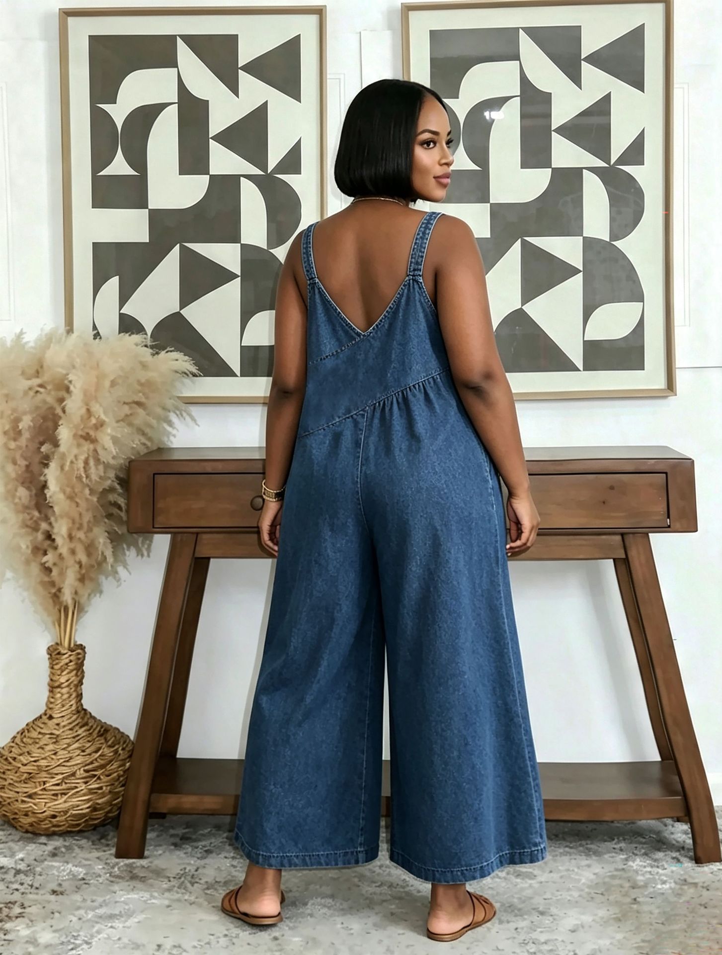 Patchwork Side-Pocket Washed Wide-Leg Denim Overalls