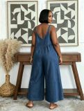 Women's Patchwork Side-Pocket Washed Wide-Leg Denim Overalls