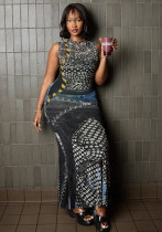 Women's Polka-Dot Warning-Tape Print Mesh Sleeveless Stretch-Fit Bodycon Maxi Dress Women's Polka-Dot Warning-Tape Print Mesh Sleeveless Stretch-Fit Bodycon Maxi Dress