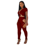 Women V‑Neck Short Sleeve Top & Cut‑Out Pants Two‑Piece Set