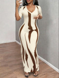 Women Sexy V‑Neck Ruched Short Sleeve Printed Dress