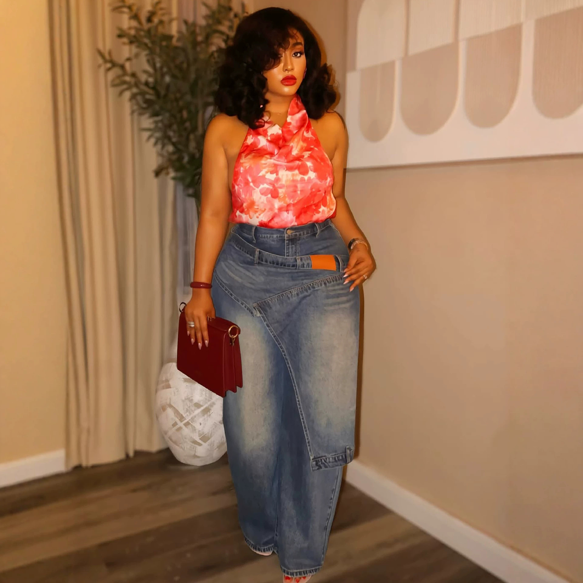 Asymmetrical Deconstructed Patchwork PU-Washed Denim Pants