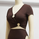 Women V‑Neck Short Sleeve Top & Cut‑Out Pants Two‑Piece Set