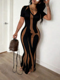 Women Sexy V‑Neck Ruched Short Sleeve Printed Dress
