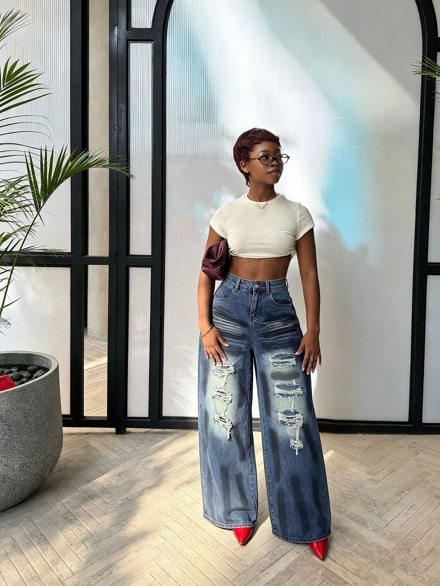 Washed Ripped Wide-Leg Straight-Leg Denim Pants for Streetwear