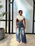Women's High-Street Washed Ripped Wide-Leg Straight-Leg Denim Pants