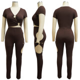 Women V‑Neck Short Sleeve Top & Cut‑Out Pants Two‑Piece Set