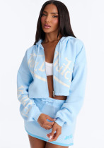 Women's Sporty Printed Color-Block Casual Hooded Zip-Up Skirt Set Women's Sporty Printed Color-Block Casual Hooded Zip-Up Skirt Set