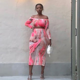 Women Long Sleeve Off‑Shoulder Mesh Printed Top & Slit Skirt Two‑Piece Set