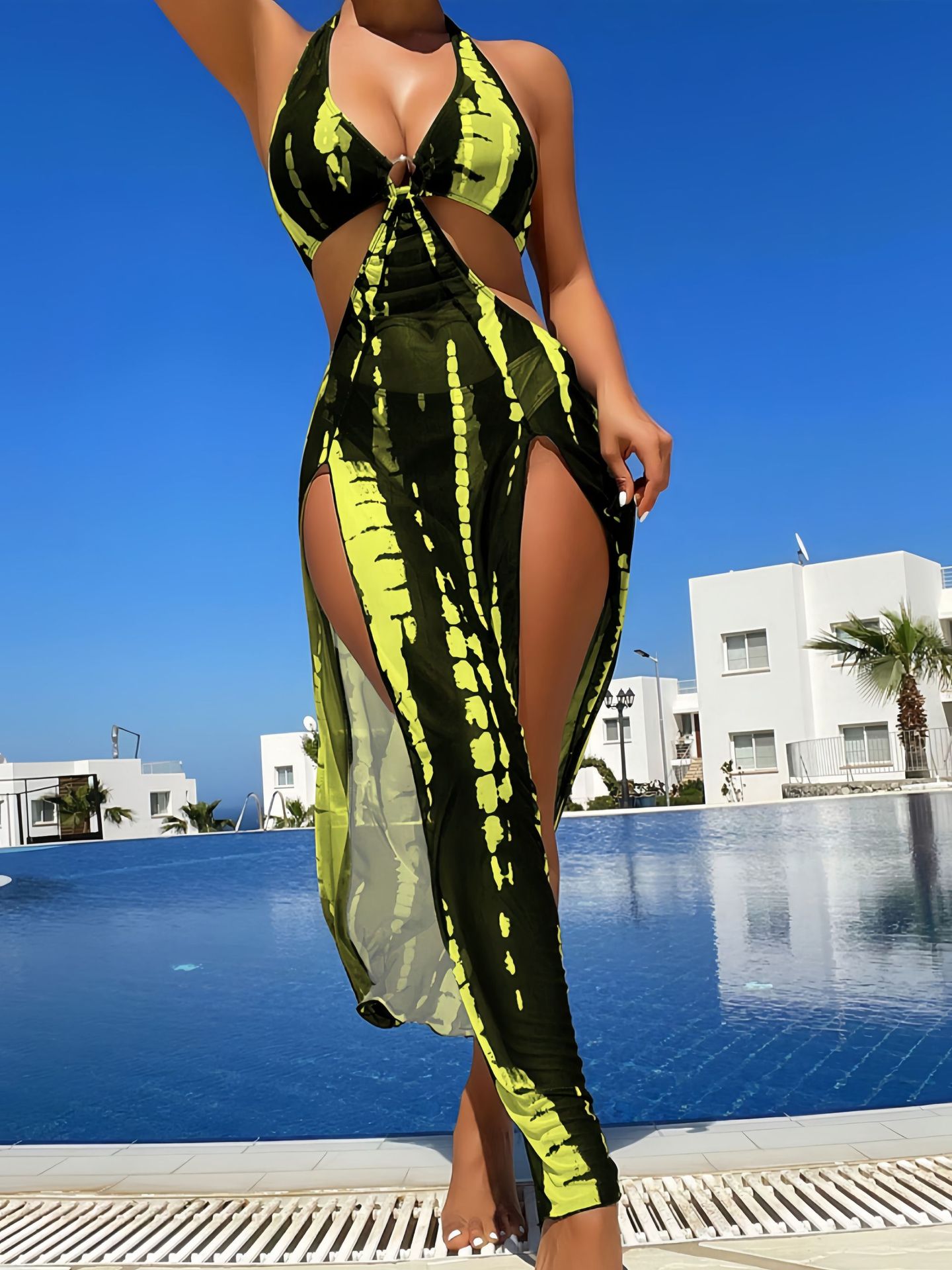 Tie-Dye Striped Bikini & Dress Cover-Up Three-Piece Swimsuit Set