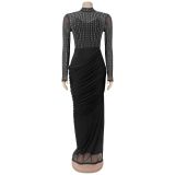 Women Beaded High‑Neck Mesh Long Sleeve Ruched Bodycon Dress