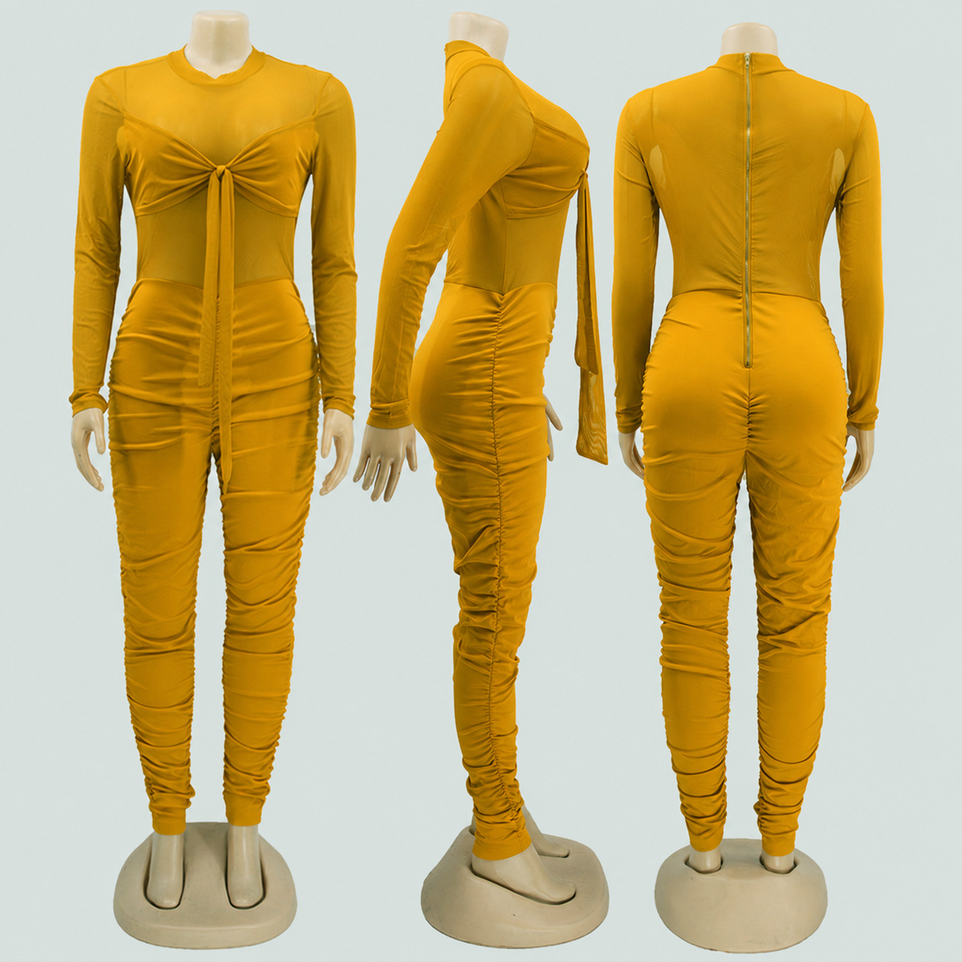 Mesh High Neck Patchwork Long-Sleeve Tie-Waist Ruffled Jumpsuit