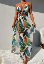 Women's Printed Halter Neck Bikini Three-Piece Beach Set with Cover-Up Skirt Women's Printed Halter Neck Bikini Three-Piece Beach Set with Cover-Up Skirt