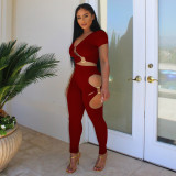 Women V‑Neck Short Sleeve Top & Cut‑Out Pants Two‑Piece Set