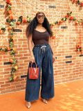 Women's Casual Drawstring Elastic-Waist Pleated Wide-Leg Washed Denim Pants
