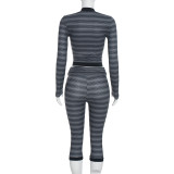 Women Autumn Sexy V‑Neck Striped Top & 7/8 Length Pants Two‑Piece Set