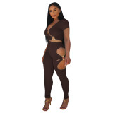 Women V‑Neck Short Sleeve Top & Cut‑Out Pants Two‑Piece Set