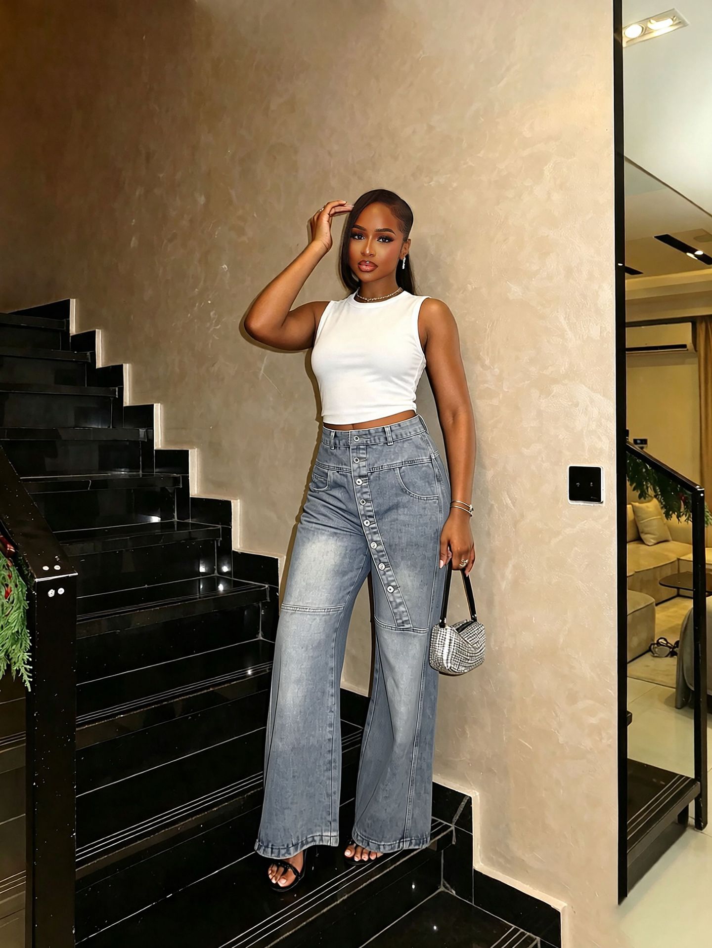 Washed Slim-Fit Wide-Leg Denim Pants