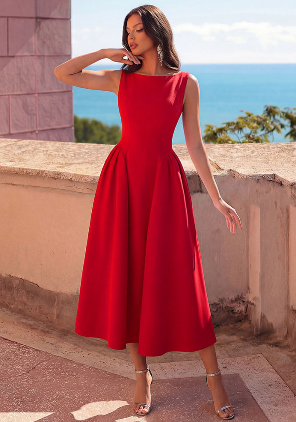 Women's Luxury Solid Red Sleeveless Slim-Waist A-line Formal Parties Dress