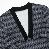 Women Autumn Sexy V‑Neck Striped Top & 7/8 Length Pants Two‑Piece Set