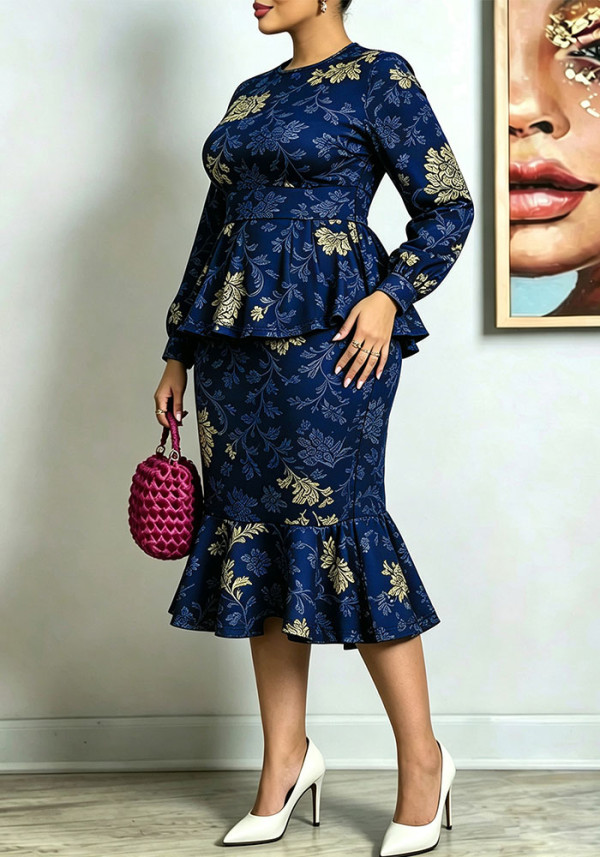 Plus Size Printed Slim-Waist Ruffle-Hem Top with High-Waisted Ruffle Mermaid Skirt Set