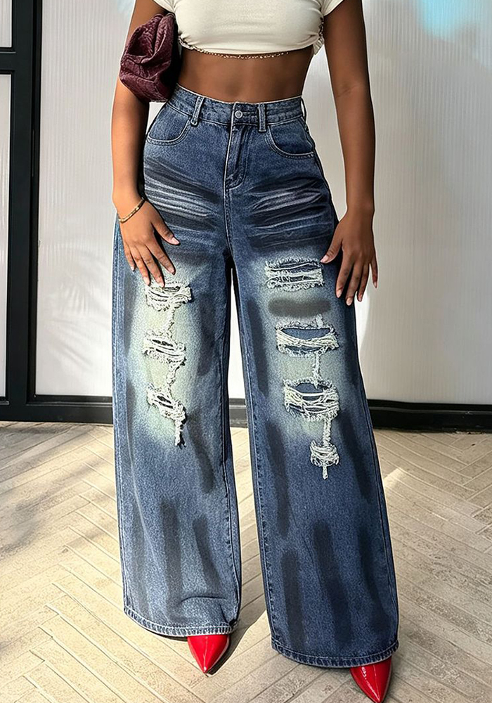 Washed Ripped Wide-Leg Straight-Leg Denim Pants for Streetwear