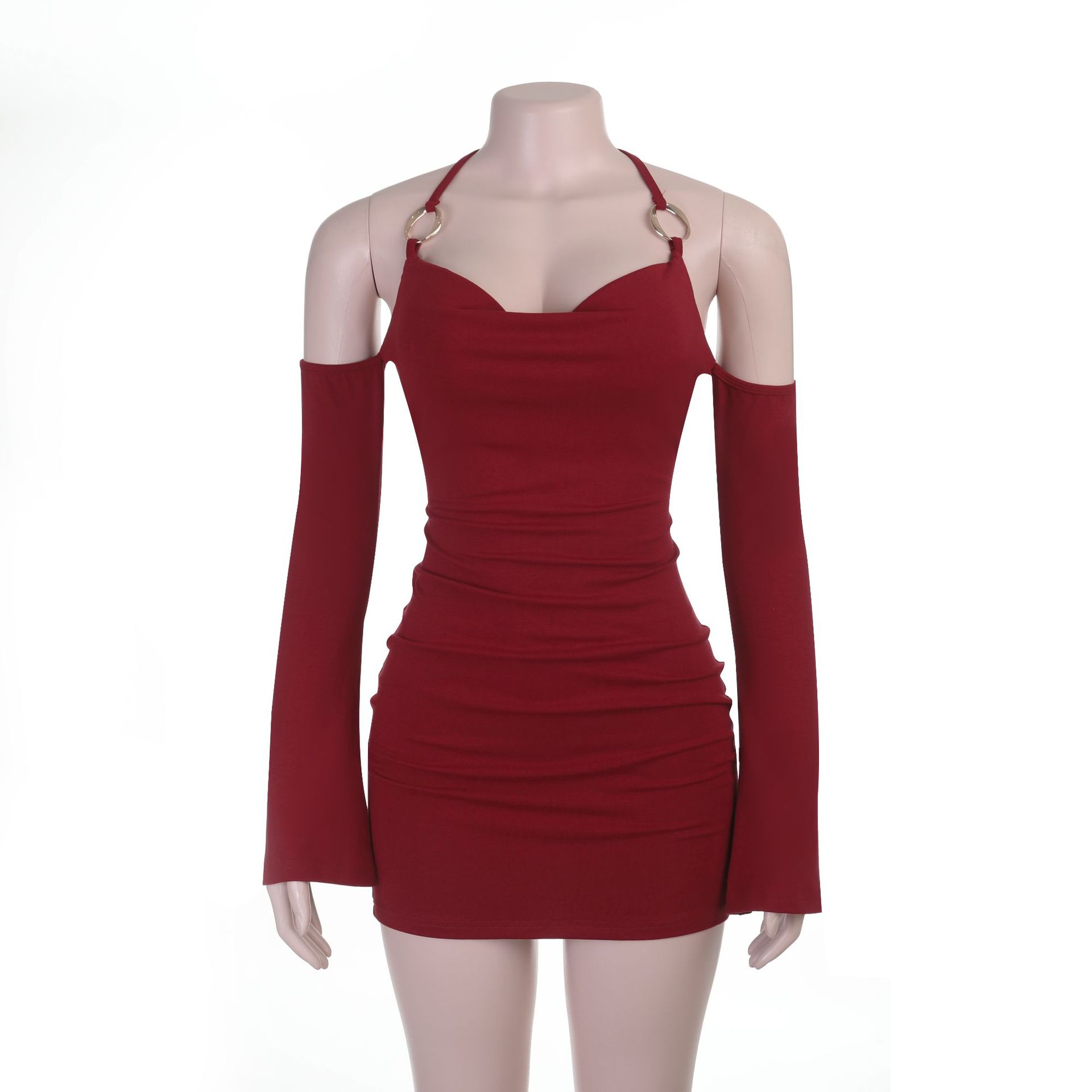 Off-Shoulder Halter Neck Ruched Bodycon Dress for Autumn