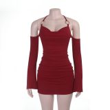 Women Autumn Off‑Shoulder Halter Neck Ruched Bodycon Dress
