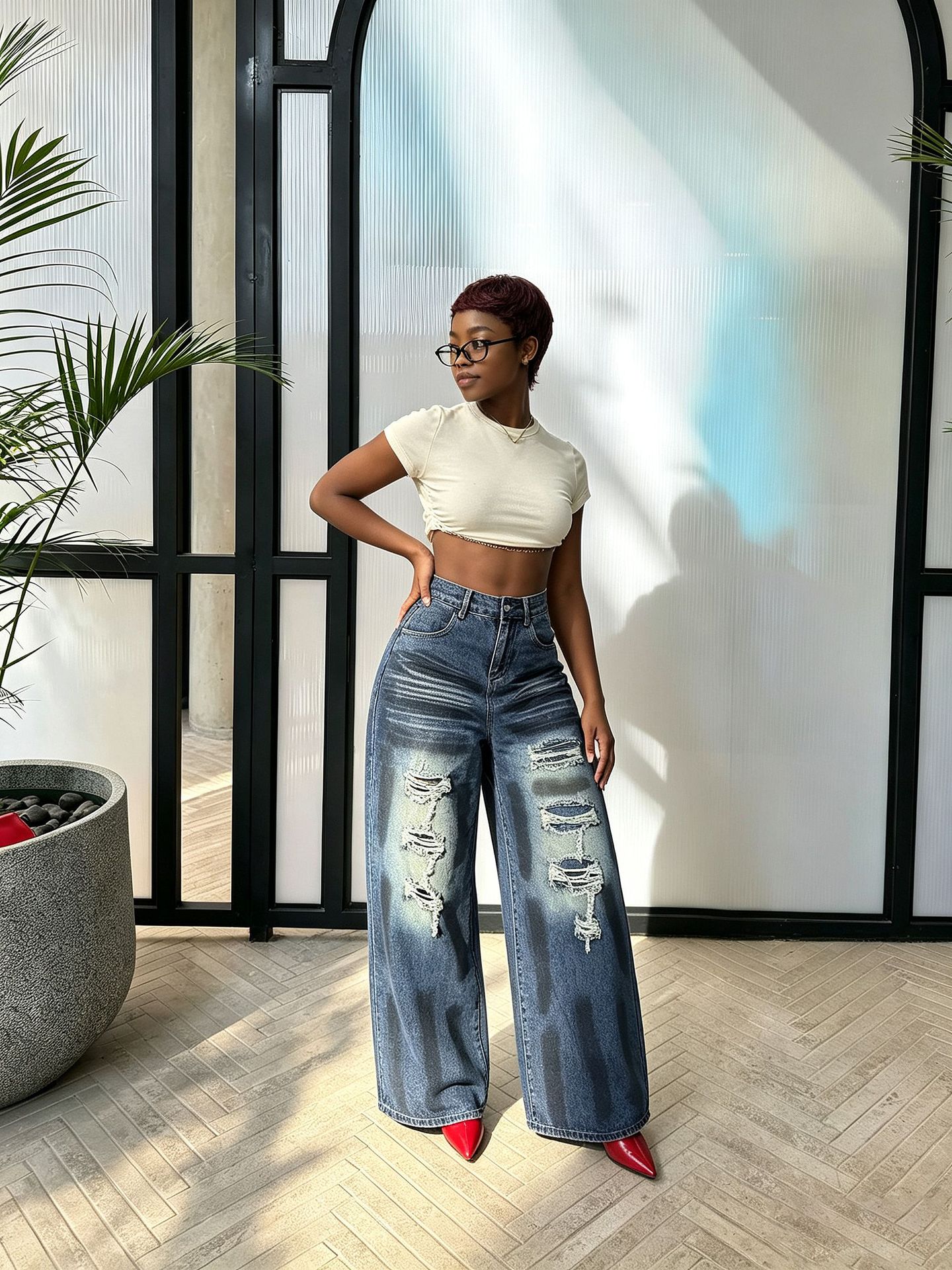 Washed Ripped Wide-Leg Straight-Leg Denim Pants for Streetwear