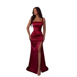 Women's Solid Strap Evening Dress with Low Back High Slit and Slim-Fit Design for Birthday Parties（Processing time need 3-6 days）