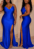 Plus Size Women's Sexy Slit Strap Dress Low Back Lace-Up Evening Gown