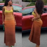 Summer Women's Beach Holiday Gradient Sleeveless Halter Knitted Maxi Dress