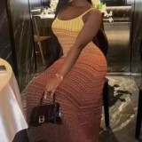 Summer Women's Beach Holiday Gradient Sleeveless Halter Knitted Maxi Dress