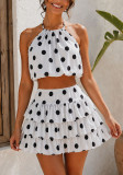 Women's Holiday Polka-Dot Printed Halter Neck Low-Back Ruffle Top with Tiered Mini Skirt Two-Piece Set