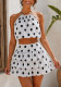 Women's Holiday Polka-Dot Printed Halter Neck Low-Back Ruffle Top with Tiered Mini Skirt Two-Piece Set